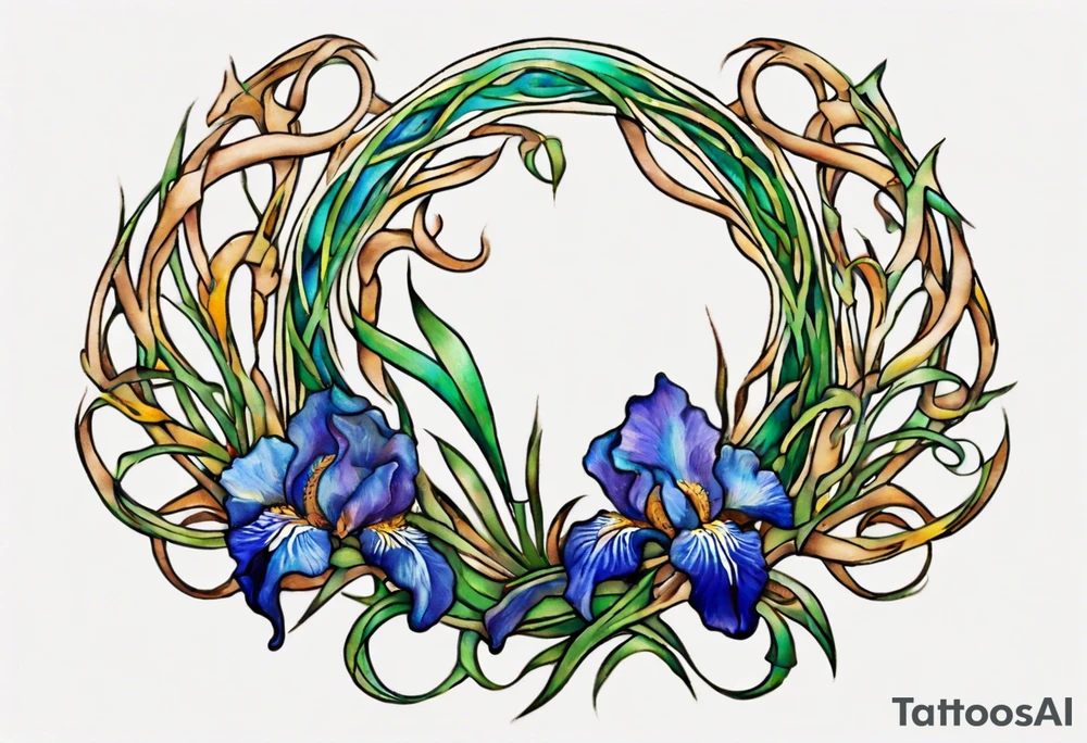 Create a small, colorful Vincent van Gogh Irises tattoo in the form of a crescent, with vines in Celtic knot style gracefully intertwining at a central point in the middle of the wreath. The intended placement is on the upper chest. The middle needs mountains. The overall design should be small in size while maintaining a delicate and artistic aesthetic. Pay attention to the graceful flow of the vines and the placement of the irises to achieve a refined and elegant look. tattoo idea
