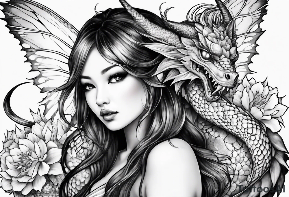 fairy nymph with a dragon friend tattoo idea