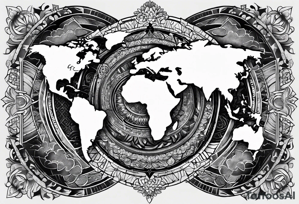 The background of the tattoo as a world map framed by a mandala. At the bottom of the mandala a small buddhist shrine tattoo idea