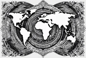 The background of the tattoo as a world map framed by a mandala. At the bottom of the mandala a small buddhist shrine tattoo idea