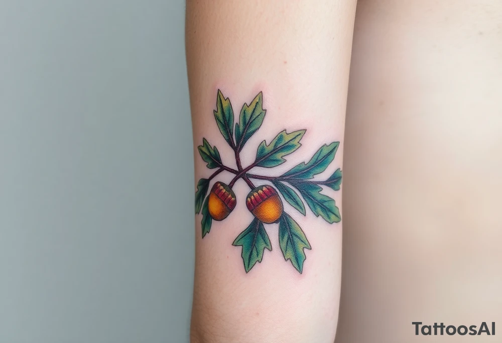 on the forearm an oak branch with thick leaves and acorns tattoo idea