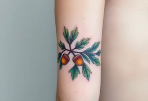 on the forearm an oak branch with thick leaves and acorns tattoo idea