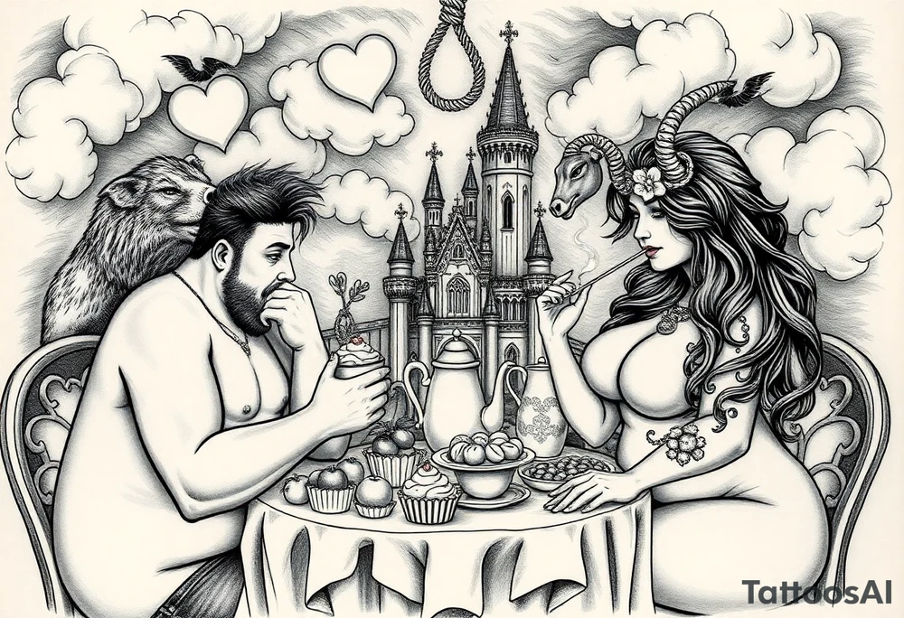 Naked Man and fat woman having sex eating cupcakes and  fruit  having sexy naked fat lady having a tea party with tea pots  swith fancy castle  
with mystical  a pigs, peacock,  lion, goat, noose and smoking cigerettes looking in the mirror thru storm clouds and broken hearts and darkness and wrath, envy , gluttony, greed, sloth, pride . Gothic tattoo idea