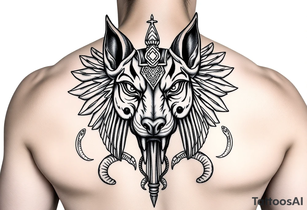 Egyptian Anubis god face muscle in Egypt style dog face surrounded Egyptian symbols and snakes full back tattoo idea