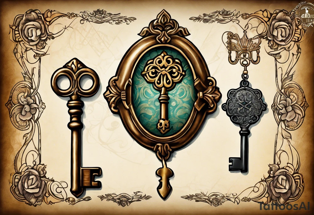 couple tattoos of an old antique key and locket set. locket on her. the key is on him. tattoo idea