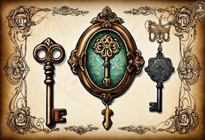 couple tattoos of an old antique key and locket set. locket on her. the key is on him. tattoo idea
