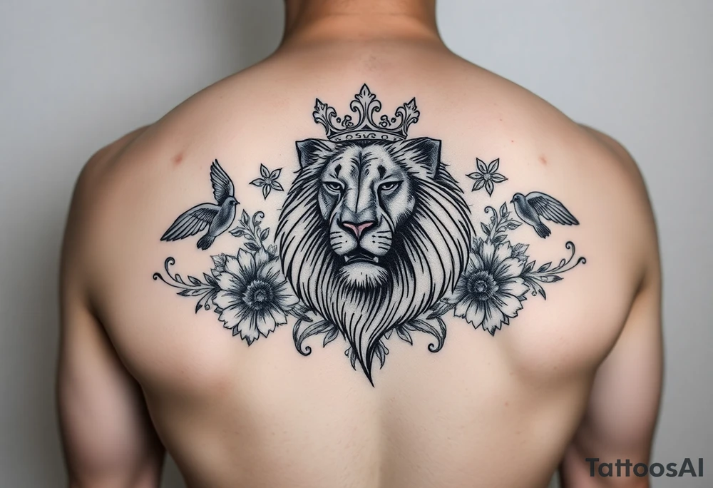 powerful majestic lion with a crown, surrounded by floral ornaments and birds tattoo idea