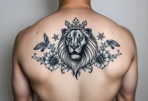 powerful majestic lion with a crown, surrounded by floral ornaments and birds tattoo idea