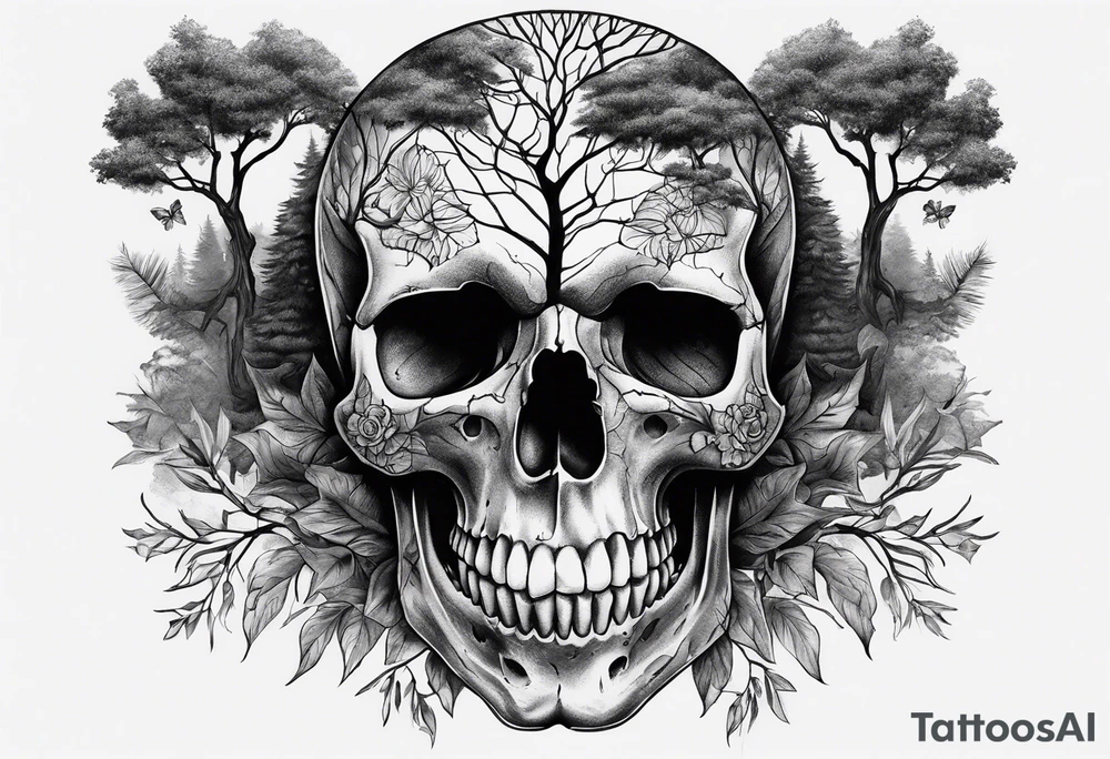 skull, tree line, momento mori tattoo idea