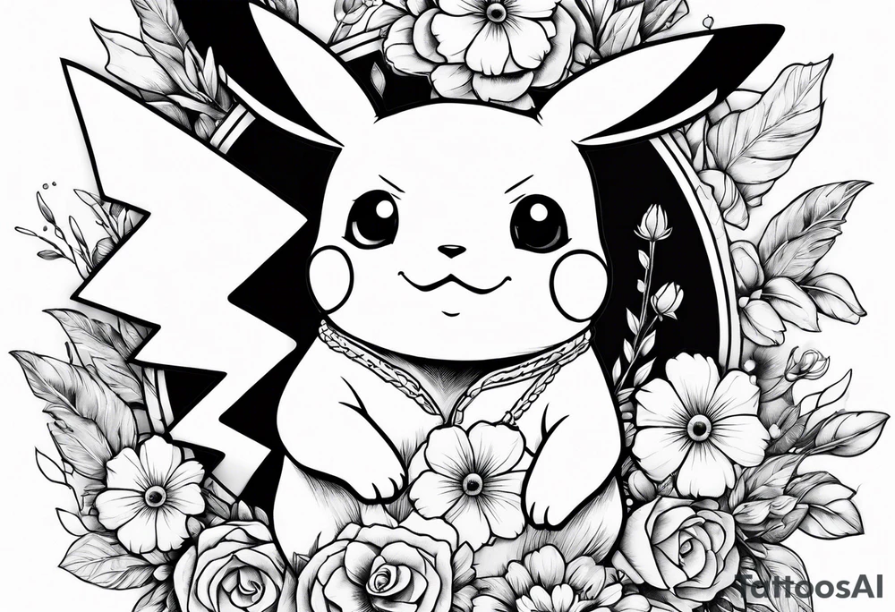 Pikachu Holding bouquet of flowers tattoo idea