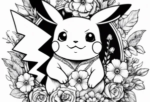 Pikachu Holding bouquet of flowers tattoo idea