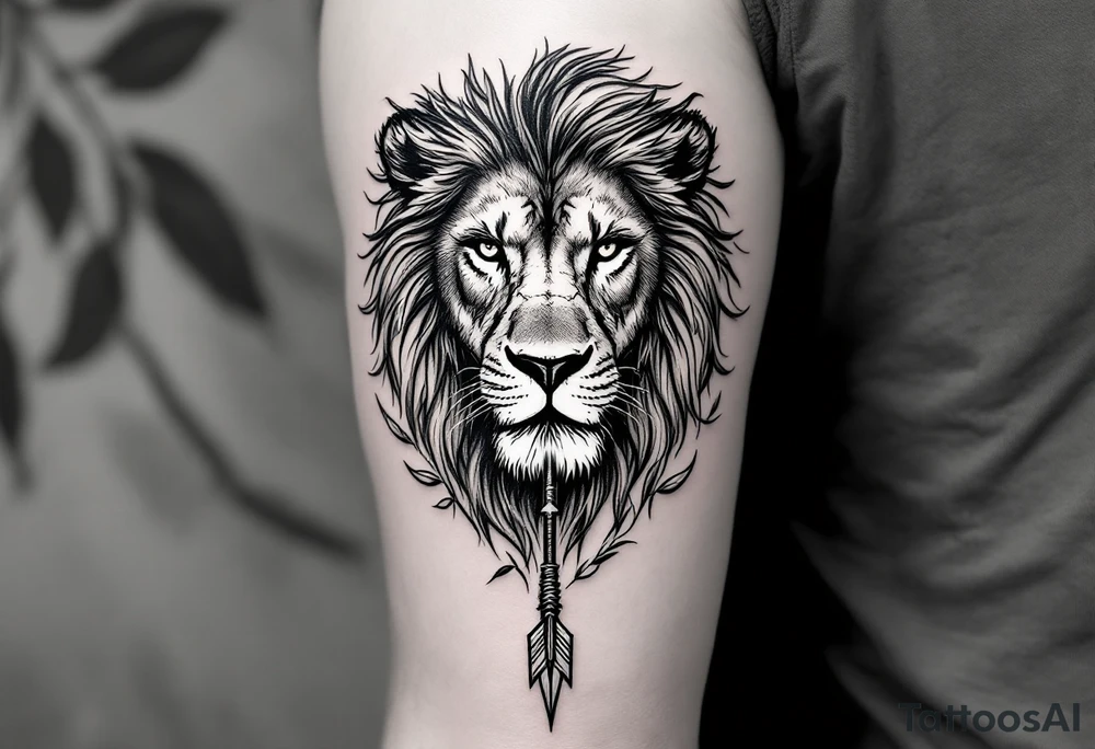 a spiritual lion that come down an arrow and surrounded by a olive tree leaf tattoo idea