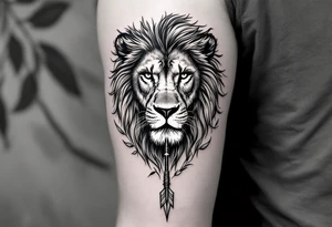 a spiritual lion that come down an arrow and surrounded by a olive tree leaf tattoo idea