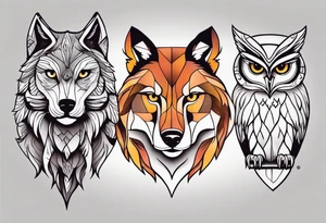 A composition with a Wolf, a lioness and an owl in very simple style and a beautiful colored background. tattoo idea