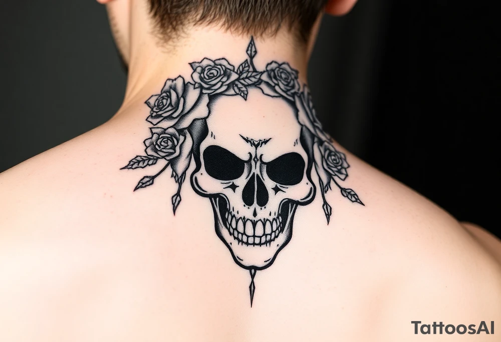 ornate skull adorned with crown of wild roses and thorns tattoo idea