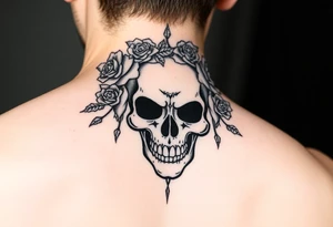 ornate skull adorned with crown of wild roses and thorns tattoo idea