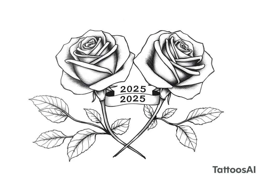 two beautiful rose buds, side by side, with many leaves and stems intertwined, representing two people in love. Include a small banner connecting the roses with "2025" on it.  The word "Rose" written in Kanji above the drawing.  Dark outlines tattoo idea