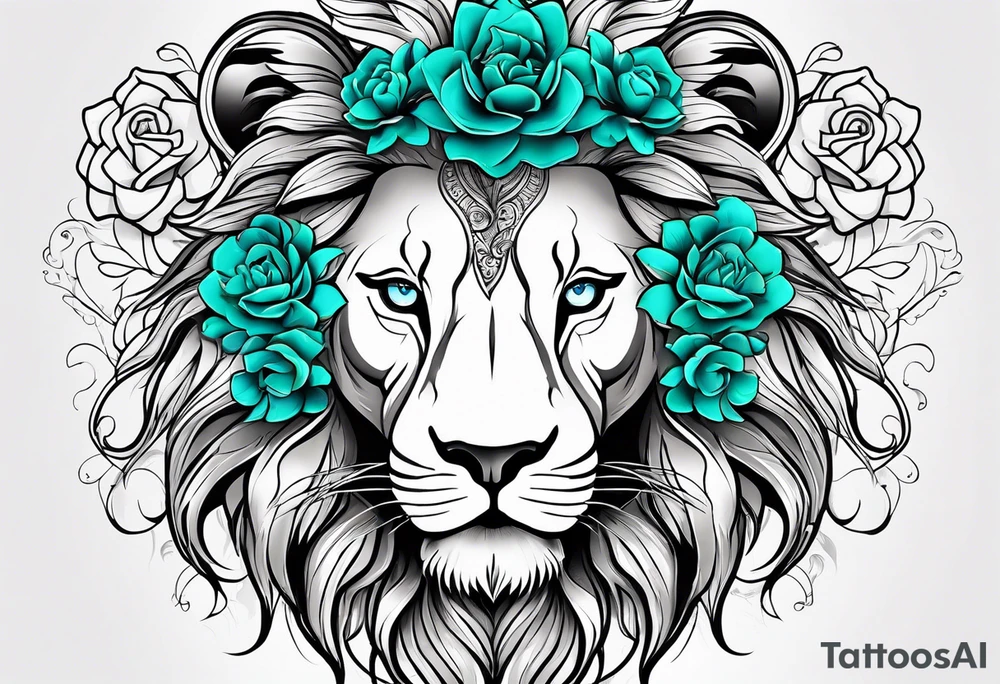 Lion face half delicate half lion one eye blue one eye green a flowers and butterflies on delicate side tattoo idea