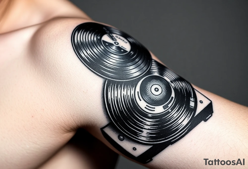 vinyl records and vinyl record player as an expression of love for house music tattoo idea