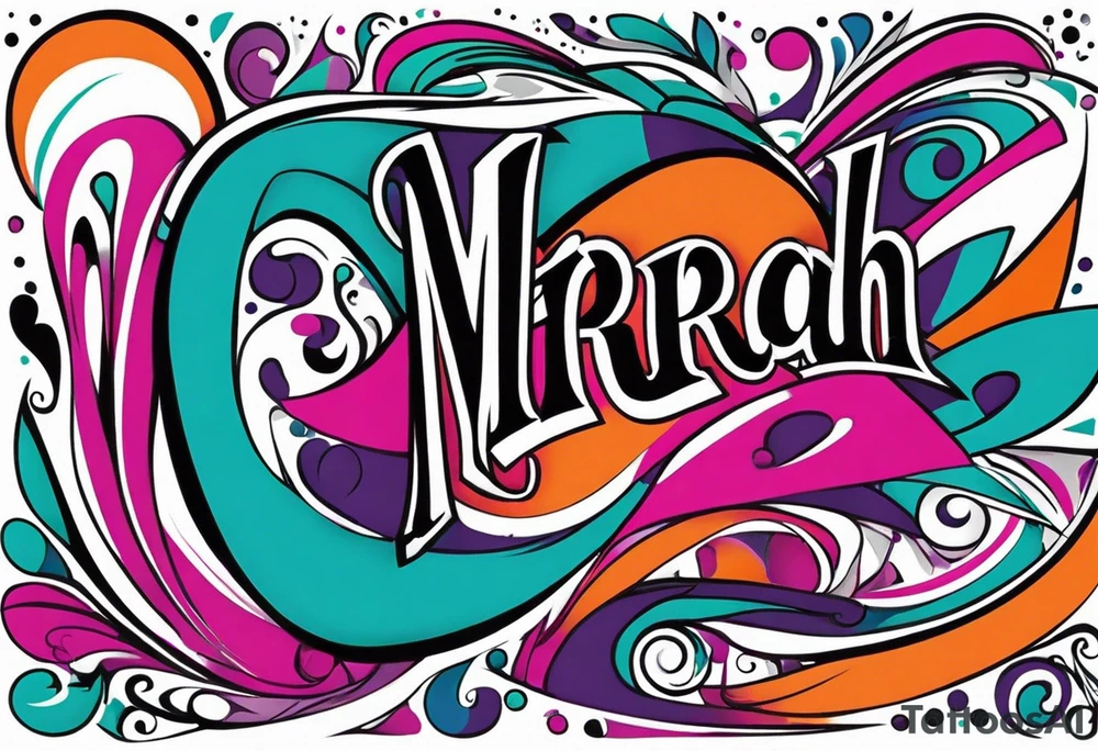I want a tattoo of my daughter’s name MARIAH. I want it block graffiti style with some background shading colors should be pink teal purple and other colors like that and also some orange and black tattoo idea