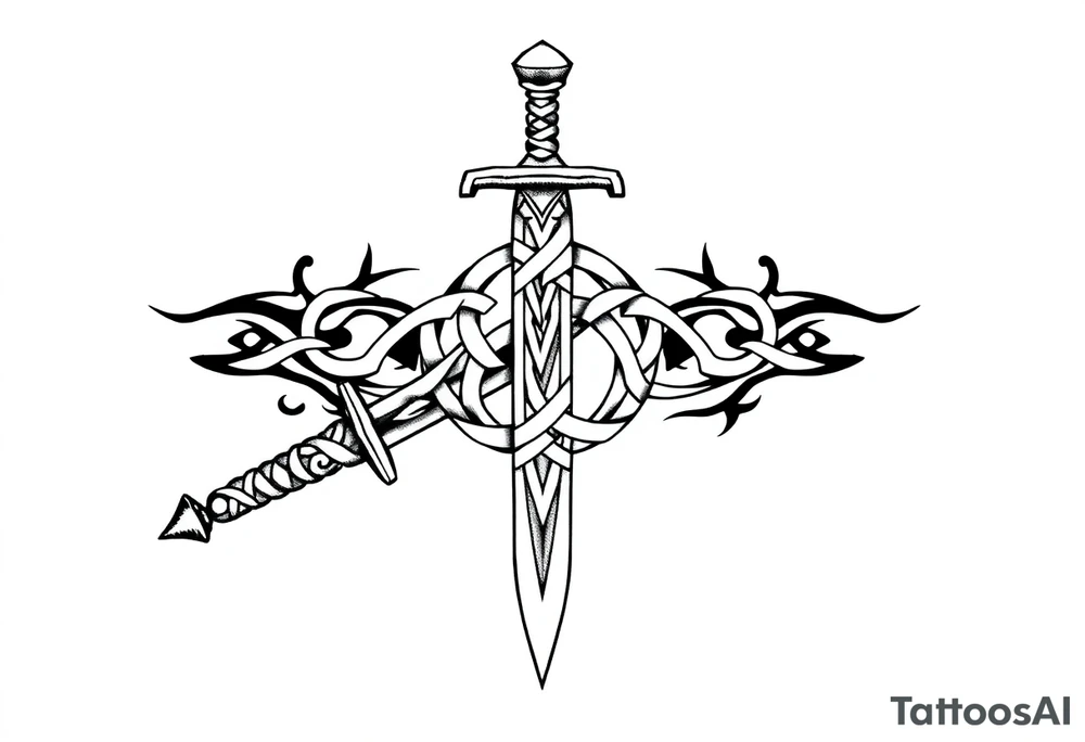 Armband tattoo of a sword with covered in a Celtic knot tattoo idea