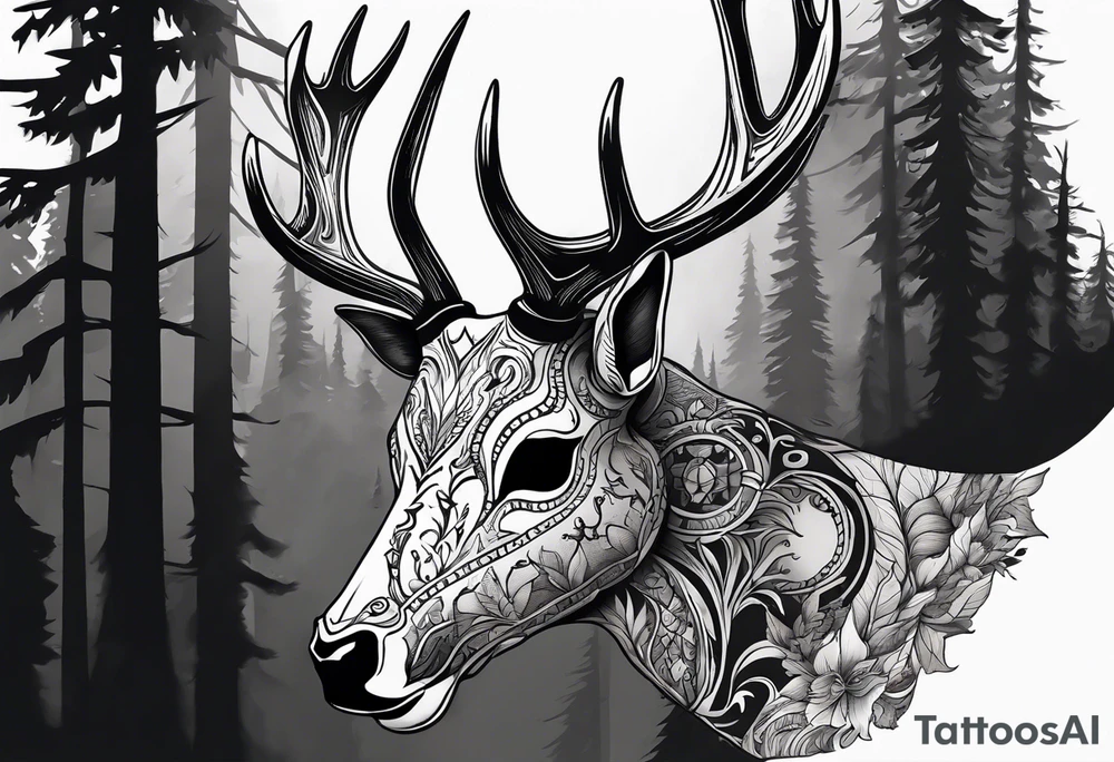 A scary terrifying horrifying dead deer skull side profile surrounded by a forest fire in background tattoo idea