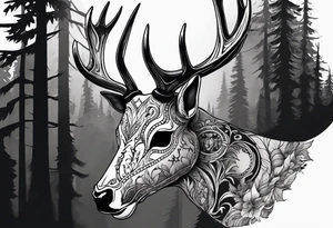 A scary terrifying horrifying dead deer skull side profile surrounded by a forest fire in background tattoo idea