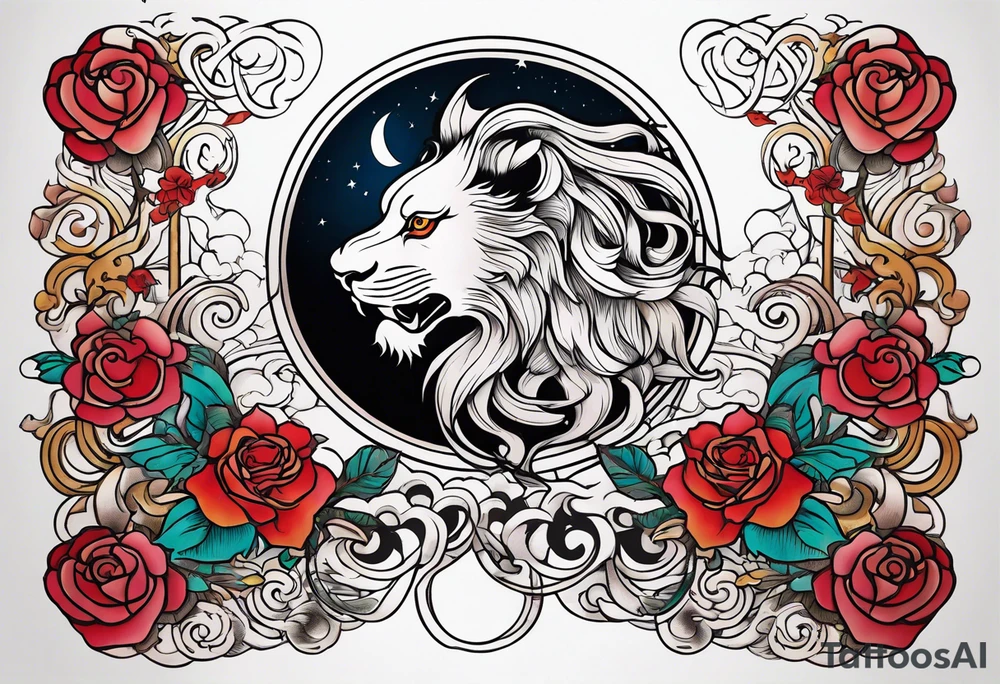 Lion phoenix rose moon tattoo idea
