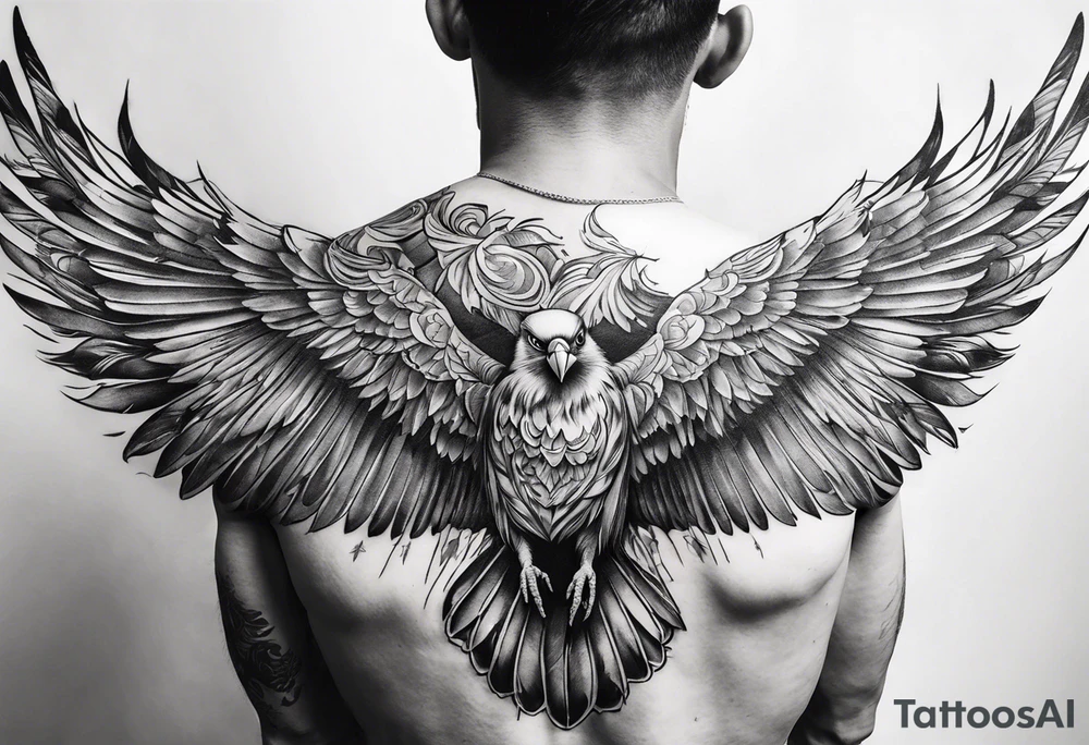 Birds flying out of a man’s back while he is in his hands and knees tattoo idea