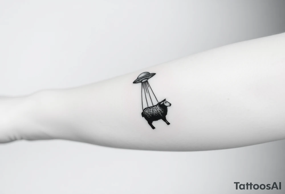 UFO abducting a black sheep. No color. Black and gray scale on back of arm above elbow tattoo idea