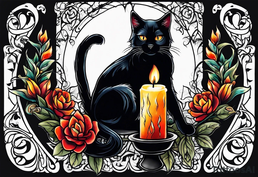 Black cat with candle burning tattoo idea
