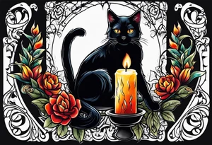 Black cat with candle burning tattoo idea