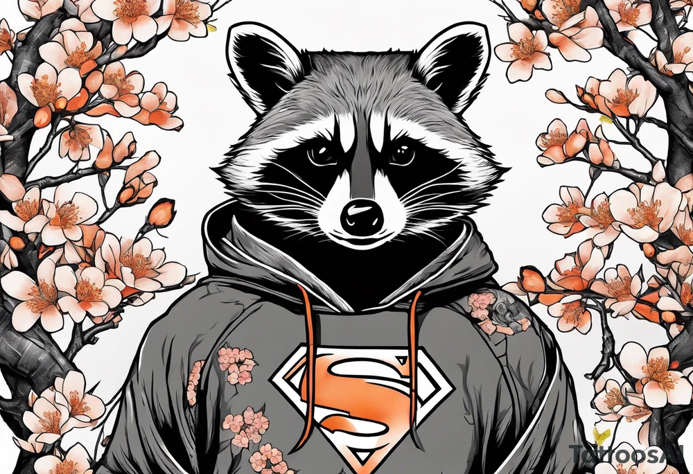 raccoon wearing a Superman hoodie with orange Japanese cherry blossoms tattoo idea
