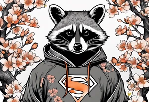 raccoon wearing a Superman hoodie with orange Japanese cherry blossoms tattoo idea