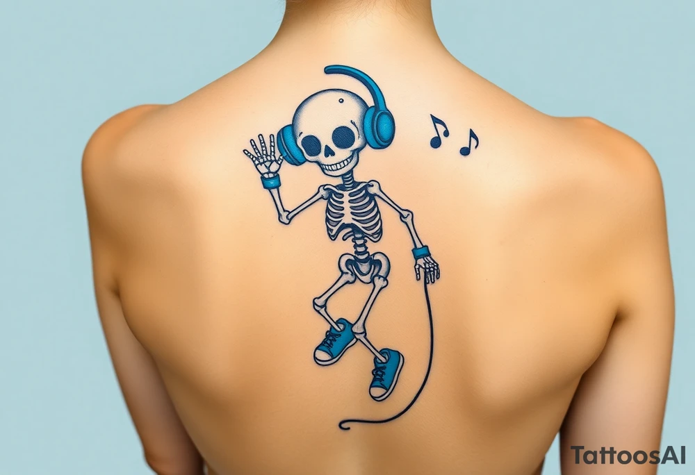 Cute smiling skeleton jumping on a jump rope with blue headphone and blue tennis shoes and blue armbands with nice  music notes on the headphones tattoo idea