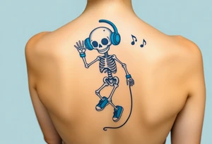 Cute smiling skeleton jumping on a jump rope with blue headphone and blue tennis shoes and blue armbands with nice  music notes on the headphones tattoo idea