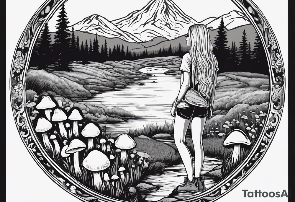 Whole picture encircled fully

Straight long blonde hair hippie girl in distance holding mushrooms in hand facing away toward mountains and creek surrounded by mushrooms tee shirt and hiking pants; whole rendering within a full circle, no cut off circle tattoo idea