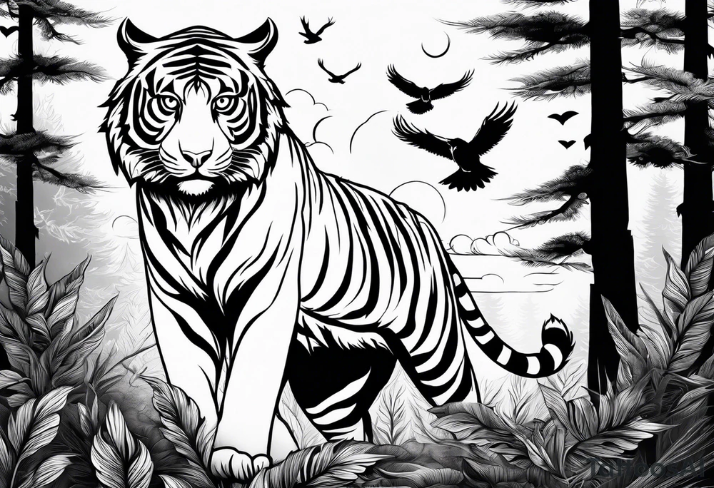 Tiger hunting flying owl full moon forest tattoo idea