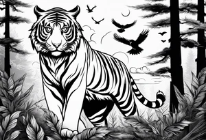 Tiger hunting flying owl full moon forest tattoo idea
