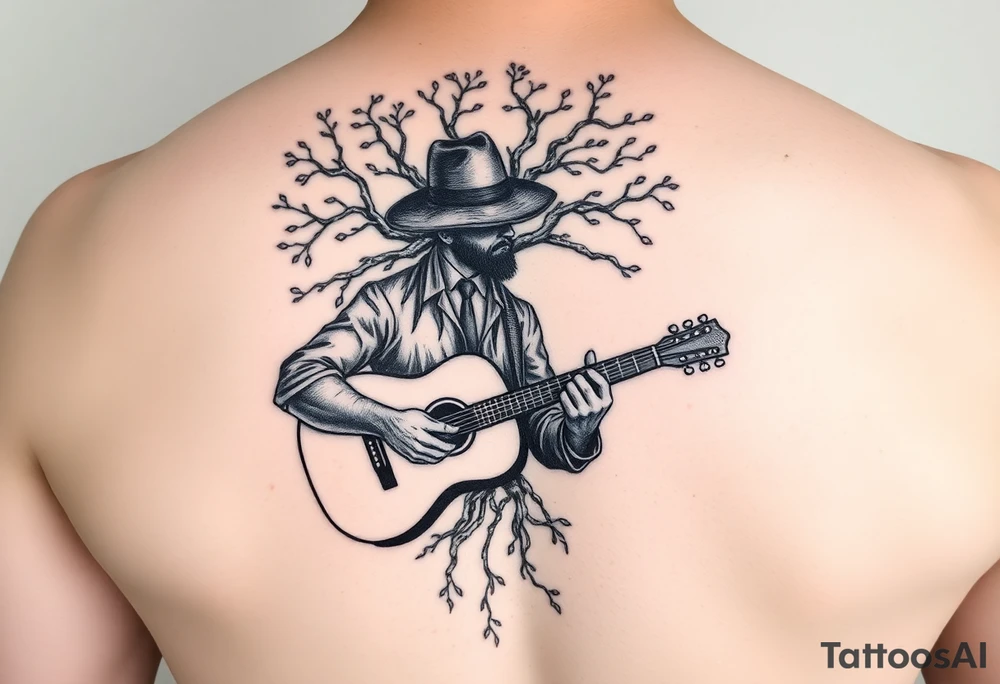 Man with hat but cant see face 
playing acoustic guitar underneath tree of life concept style tattoo idea