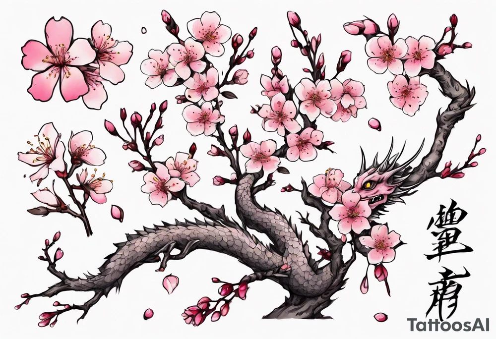 branch with small cherry blossom flowers and one small dragon tattoo idea
