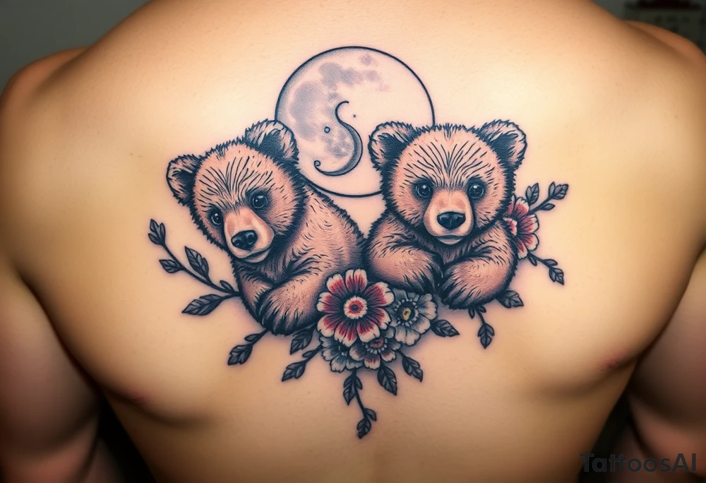 Tattoo, two realsistic baby brown bears, moon, colored carnations and vines, 9-28-14, "Bear is life", tattoo idea