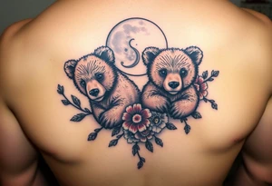 Tattoo, two realsistic baby brown bears, moon, colored carnations and vines, 9-28-14, "Bear is life", tattoo idea