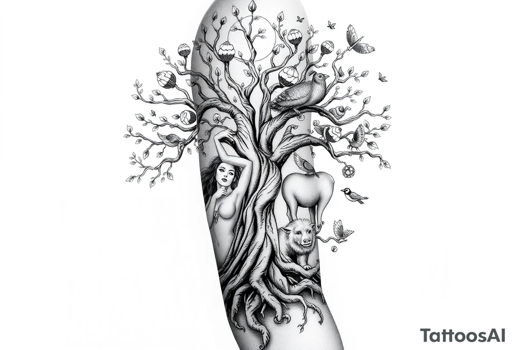 mystical tree of life with cosmic roots and celestial branches fat naked sexy woman , peacock , pig , cupcakes, liquor, cigerette, Storm clouds, pig, peacock , fat sexy naked fat woman, cupcakes, noose , money, goat lion, couple having sex, cigerette storm lightening, killing, darkness death tattoo idea
