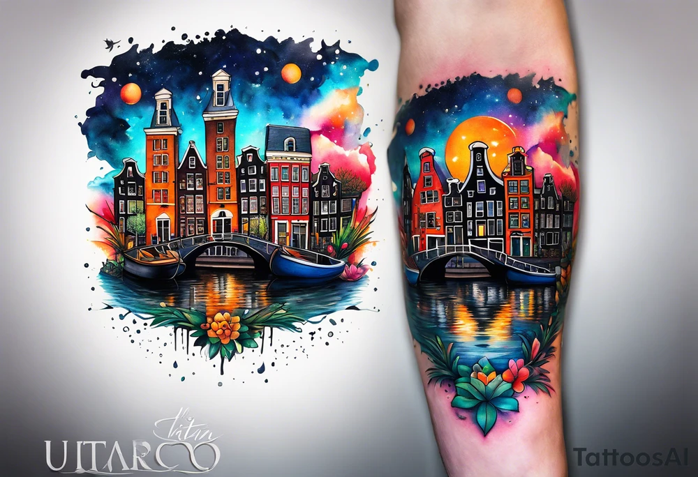arm tattoo of stag deer and birds in Amsterdam canal featuring Amsterdam houses in space with pineapple at the bottom with galaxy colours tattoo idea
