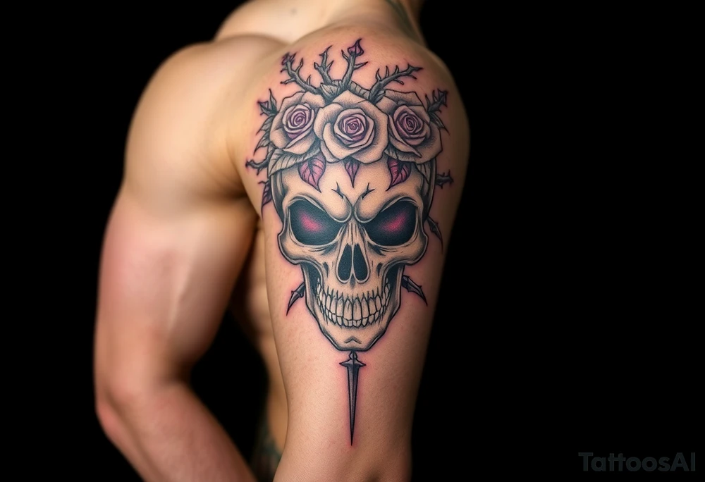 ornate skull adorned with crown of wild roses and thorns tattoo idea