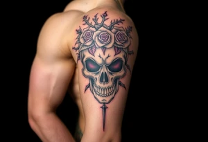 ornate skull adorned with crown of wild roses and thorns tattoo idea