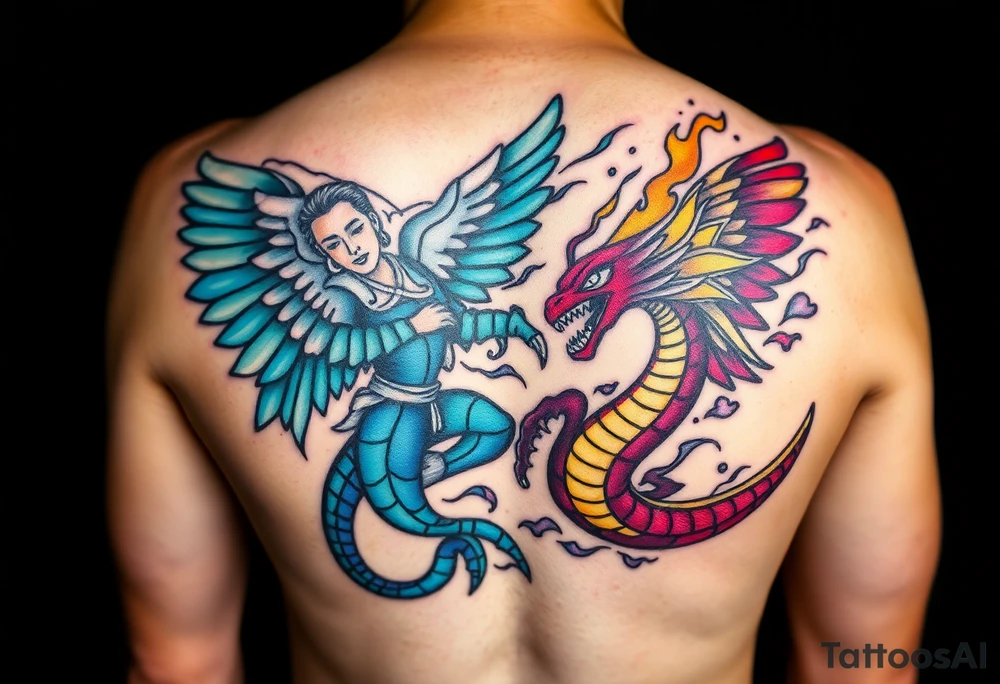 Please create a stained glass style tattoo design featuring an angel and a sea serpent battling each other. The angel should be depicted with dynamic wings and armor, and the sea serpent should have fiery breath and a menacing appearance. Both should be designed in a classic stained glass style, with bold black outlines and vibrant, rich colors. The design should reflect the detailed, intricate patterns typical of stained glass art, giving it a bold and striking visual effect tattoo idea