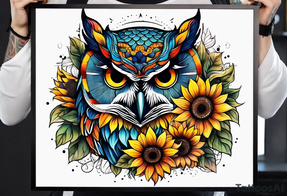 Arm sleeve with colorful sunflowers and an owl tattoo idea