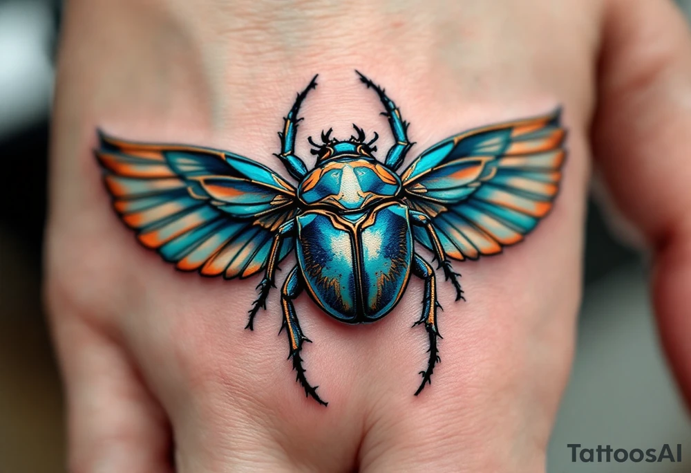 A turquoise scarab beetle with outspread copper wings, representing rebirth and transformation. tattoo idea